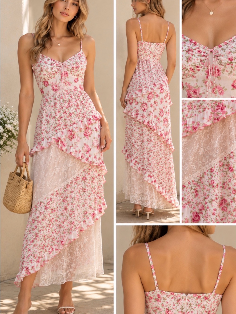 Trixxi Los Angeles NWT Pink Floral Lace Ruffle Maxi Dress Size S